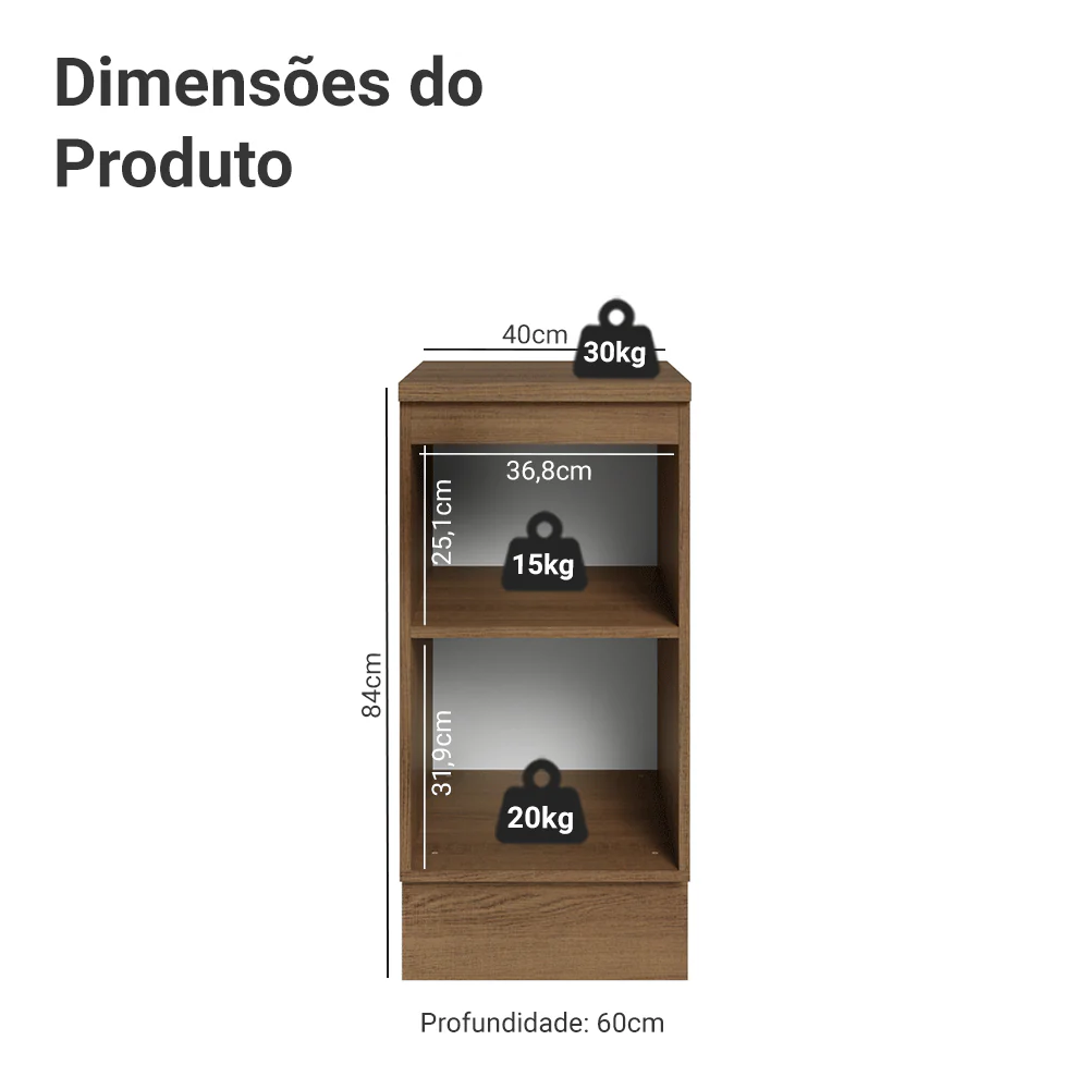 Balcão de Cozinha 40 x 60 cm 1 Porta (Com Tampo) Rustic/Branco Vik Madesa - Image 2