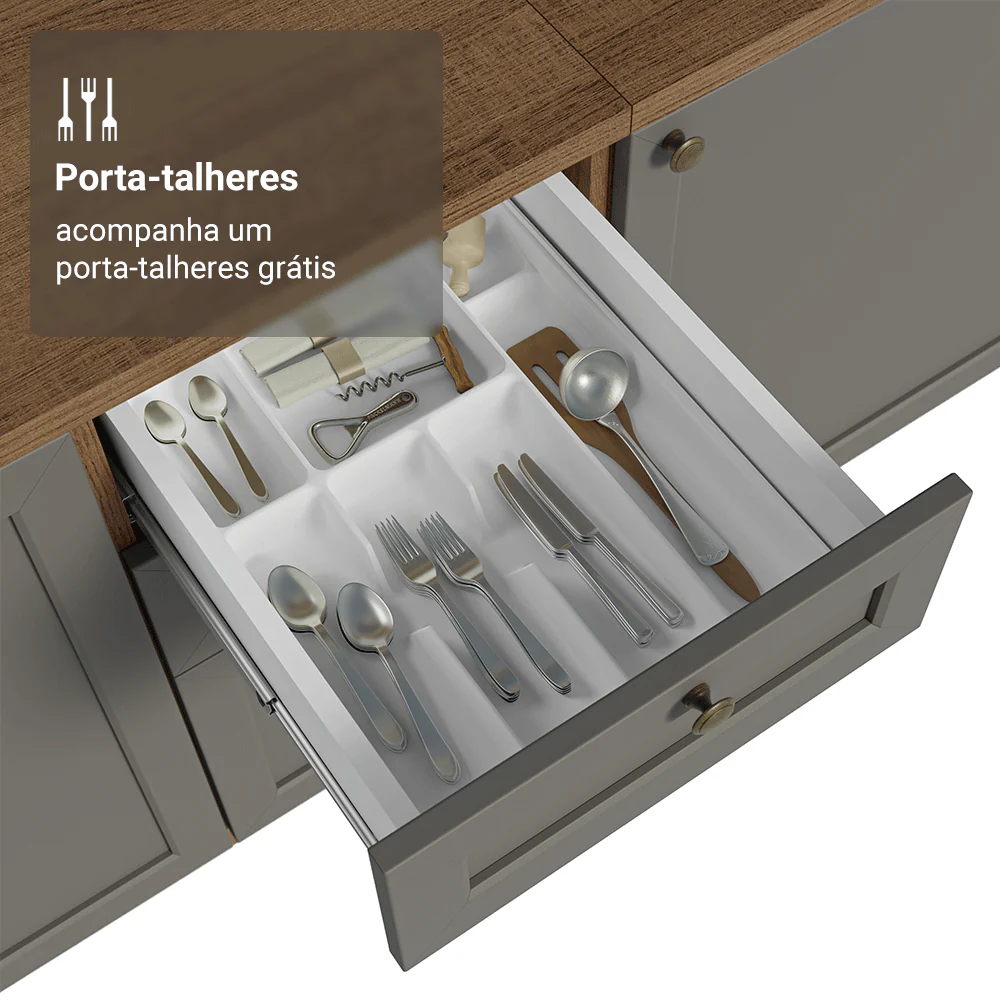 Balcão de Cozinha 40 x 60 cm 3 Gavetas (Com Tampo) Rustic/Cinza Vik Madesa - Image 8