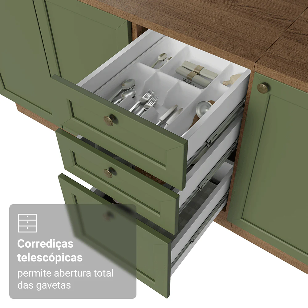Balcão de Cozinha 40 x 60 cm 3 Gavetas (Com Tampo) Rustic/Verde Vik Madesa - Image 7