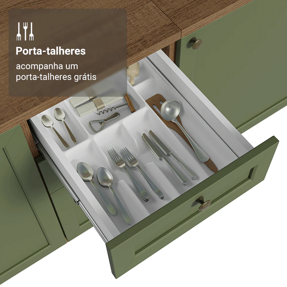 Balcão de Cozinha 40 x 60 cm 3 Gavetas (Com Tampo) Rustic/Verde Vik Madesa - Image 8