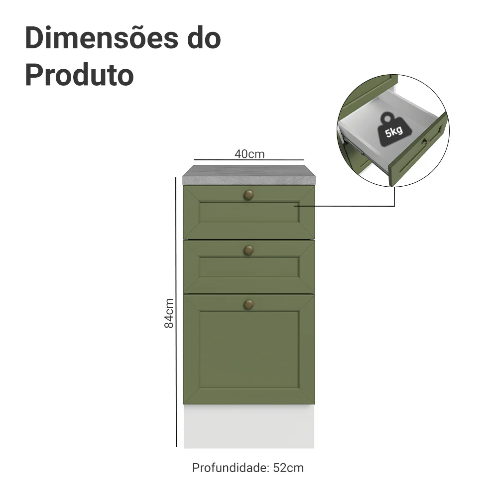 Balcão de Cozinha 40 cm 3 Gavetas Branco/Verde Vik Madesa - Image 2