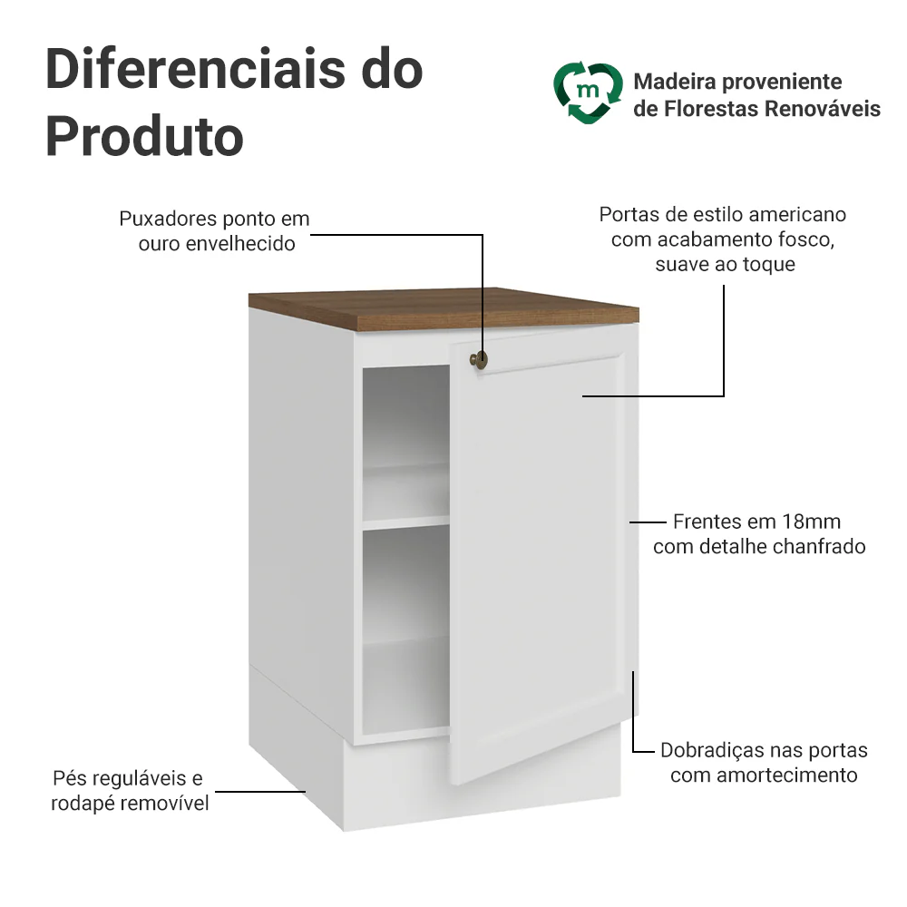 Balcão de Cozinha 50 x 60cm 1 Porta Branco Tampo Rustic Vik Madesa - Image 3