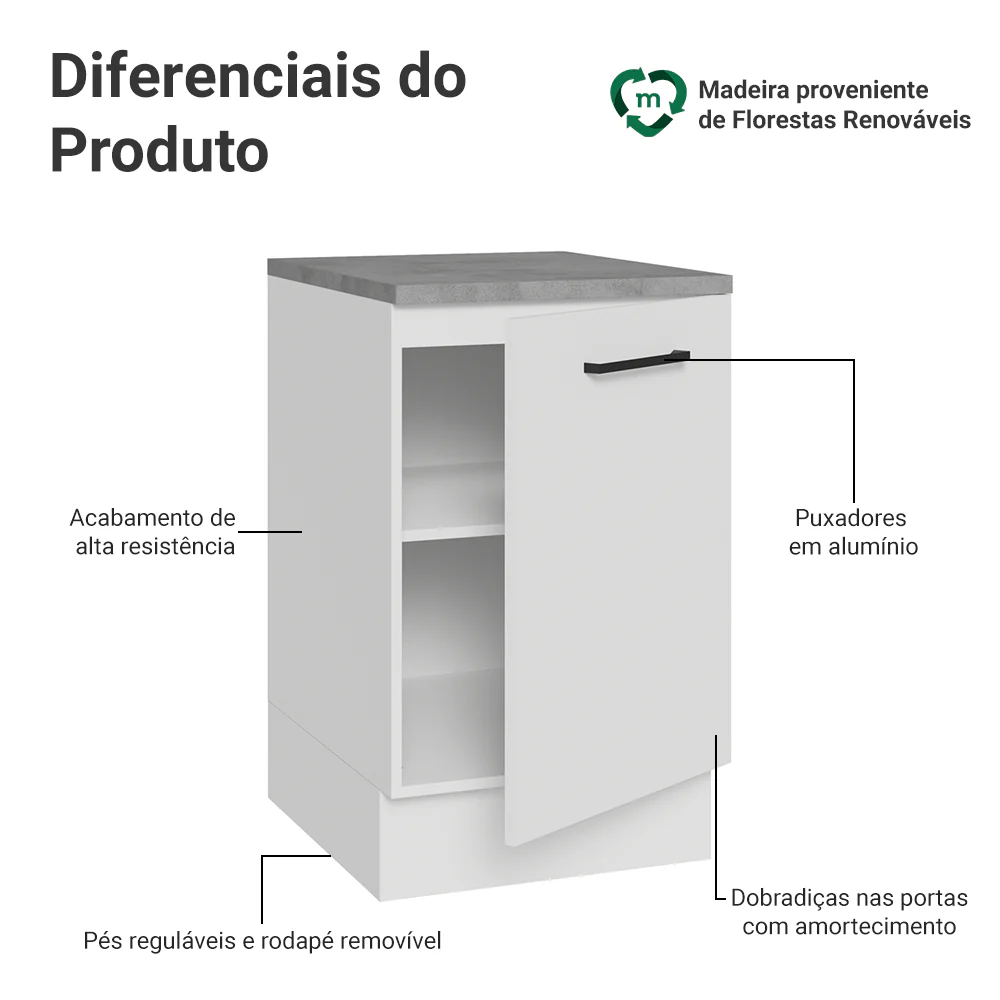 Balcão de Cozinha 50 x 60cm 1 Porta (Com Tampo) Branco Agata Madesa - Image 3