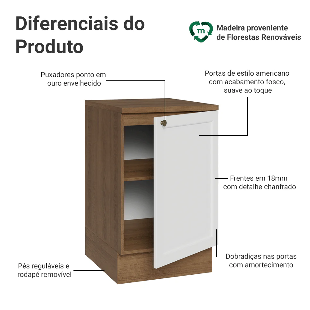 Balcão de Cozinha 50 x 60cm 1 Porta (Com Tampo) Rustic/Branco Vik Madesa - Image 3
