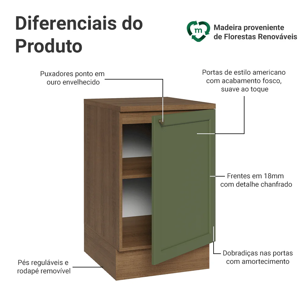 Balcão de Cozinha 50 x 60cm 1 Porta (Com Tampo) Rustic/Verde Vik Madesa - Image 3