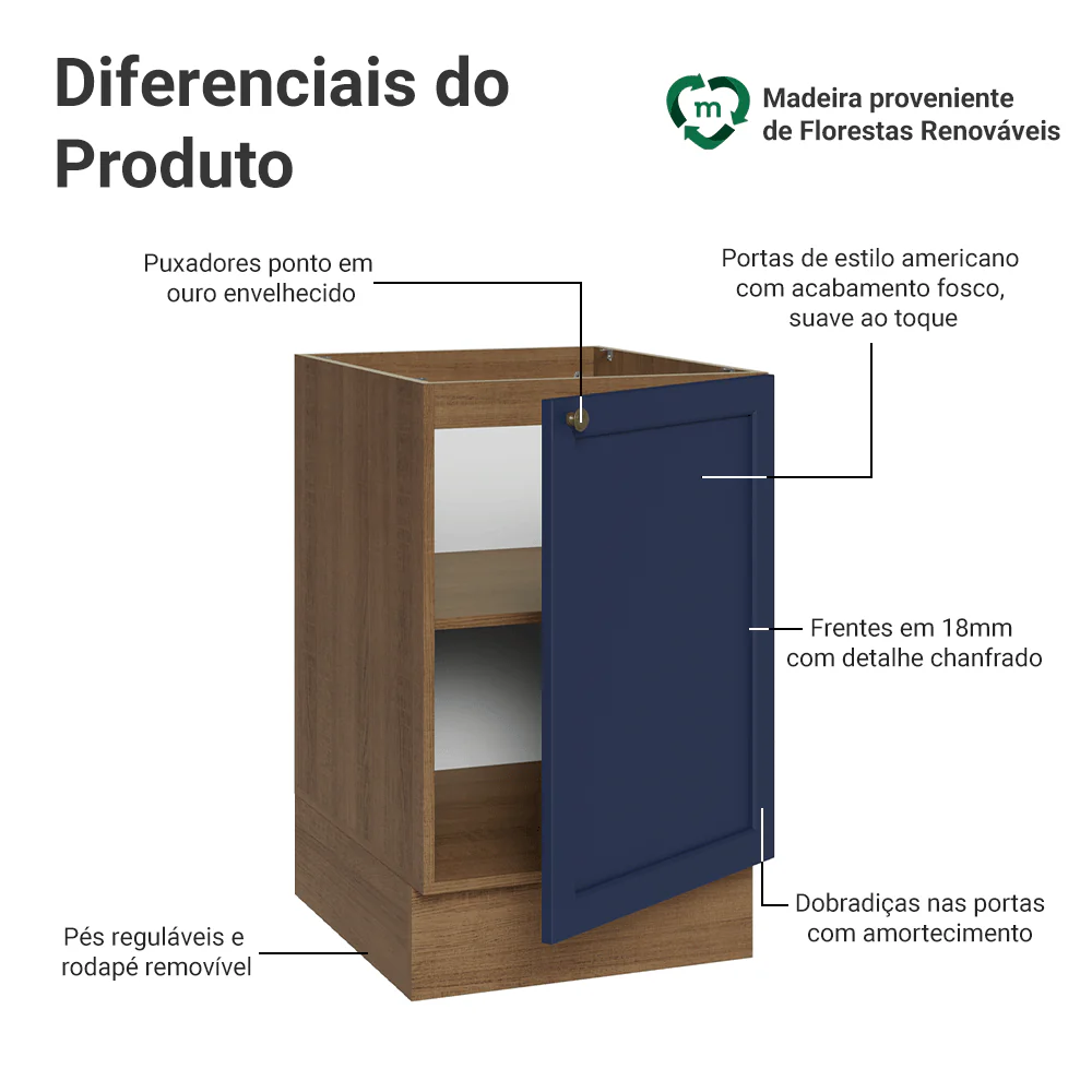 Balcão de Cozinha 50 x 60cm 1 Porta (Sem Tampo) Rustic/Azul Vik Madesa - Image 3