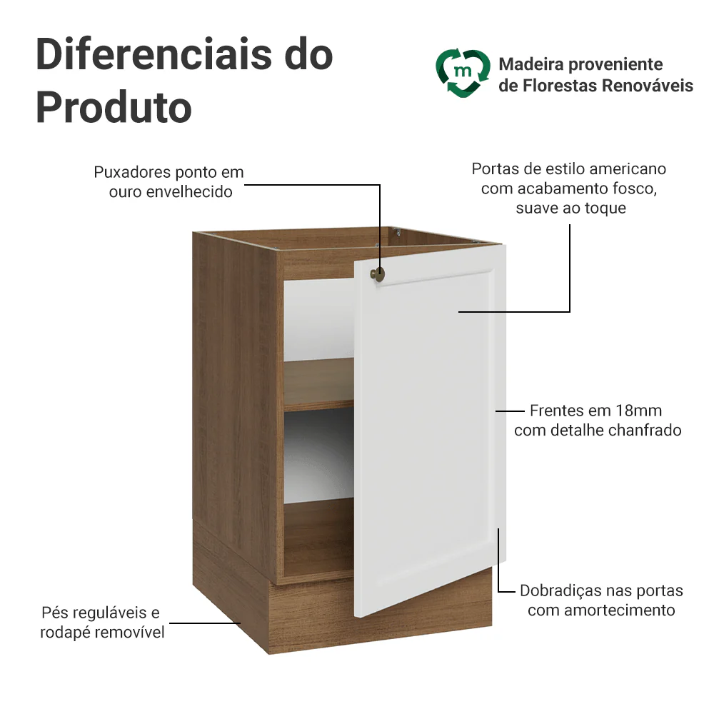 Balcão de Cozinha 50 x 60cm 1 Porta (Sem Tampo) Rustic/Branco Vik Madesa - Image 3