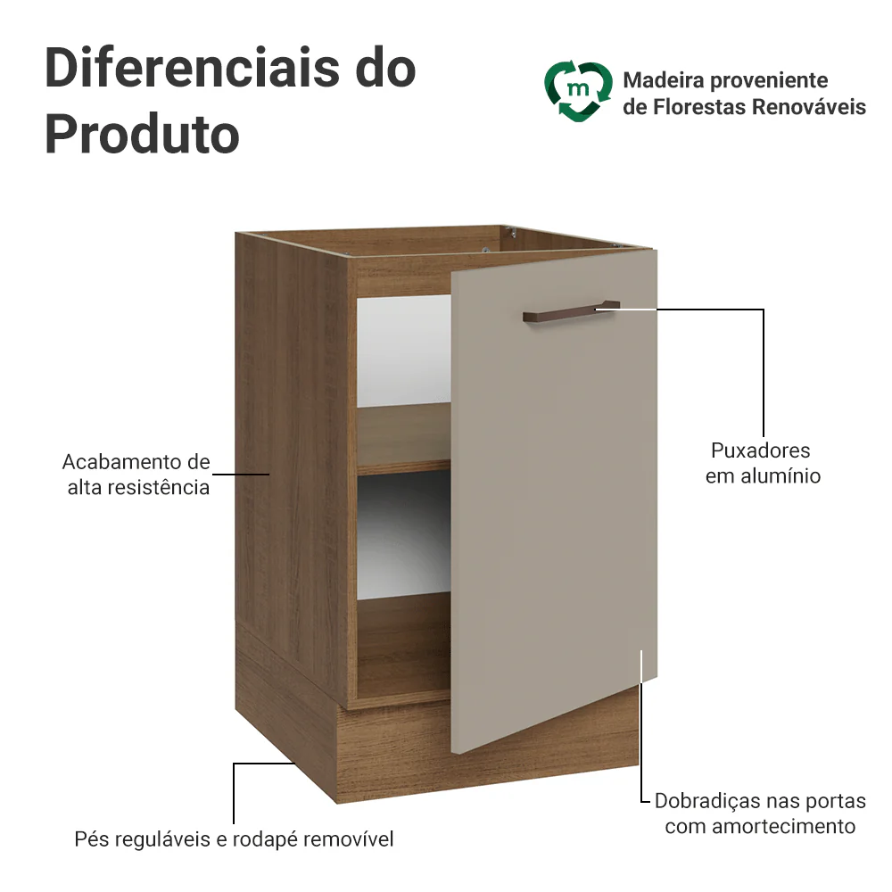 Balcão de Cozinha 50 x 60cm 1 Porta (Sem Tampo) Rustic/Crema Agata Madesa - Image 3