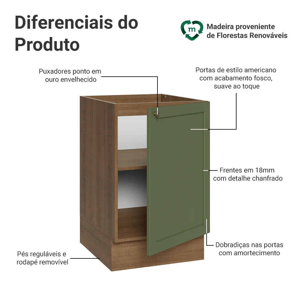 Balcão de Cozinha 50 x 60cm 1 Porta (Sem Tampo) Rustic/Verde Vik Madesa - Image 3