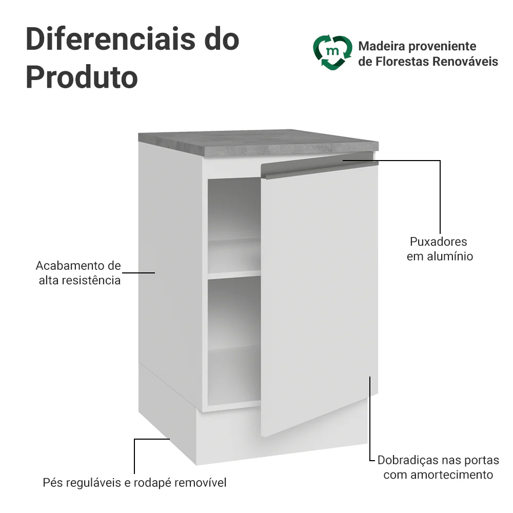 Balcão de Cozinha 50cm 1 Porta Branco Glamy Madesa - Image 3