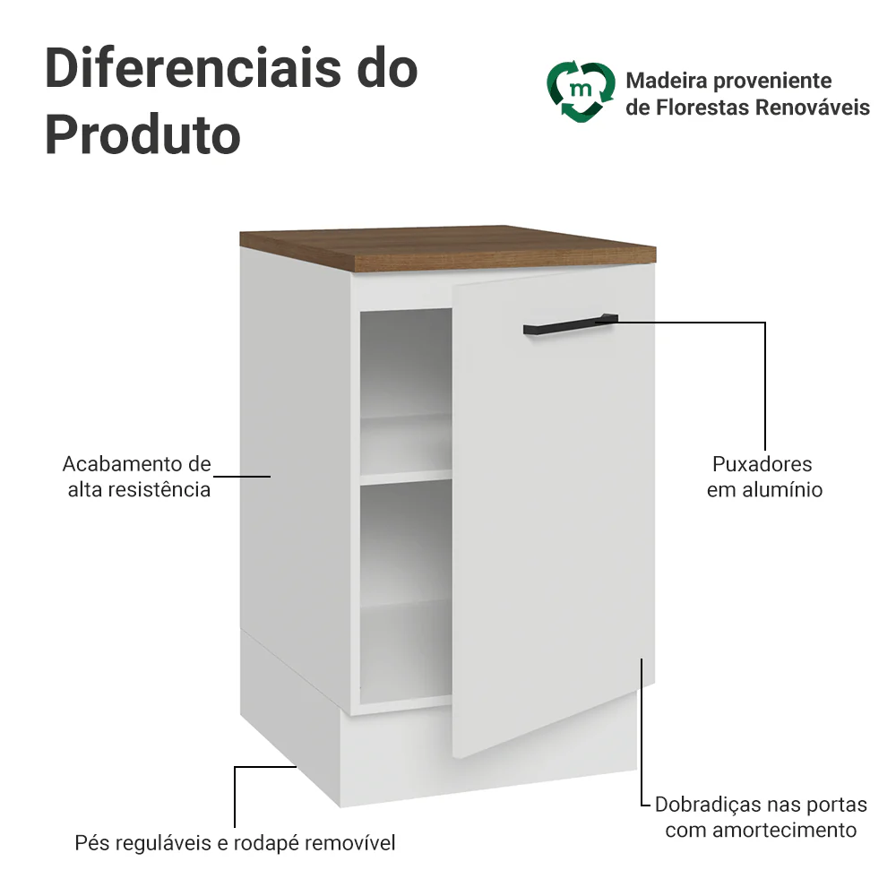 Balcão de Cozinha 50cm 1 Porta Branco Tampo Rustic Agata Madesa - Image 3