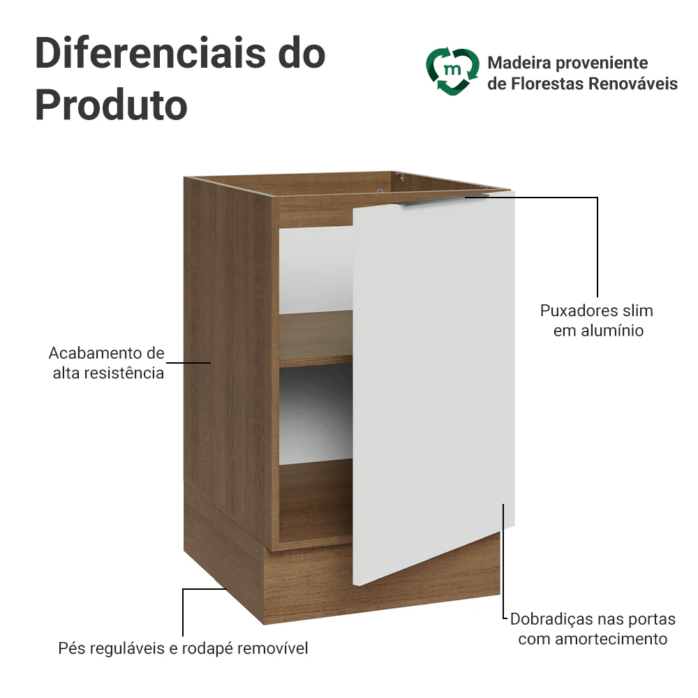 Balcão de Cozinha 50cm 1 Porta (Sem Tampo) Rustic/Branco Stella Madesa - Image 3