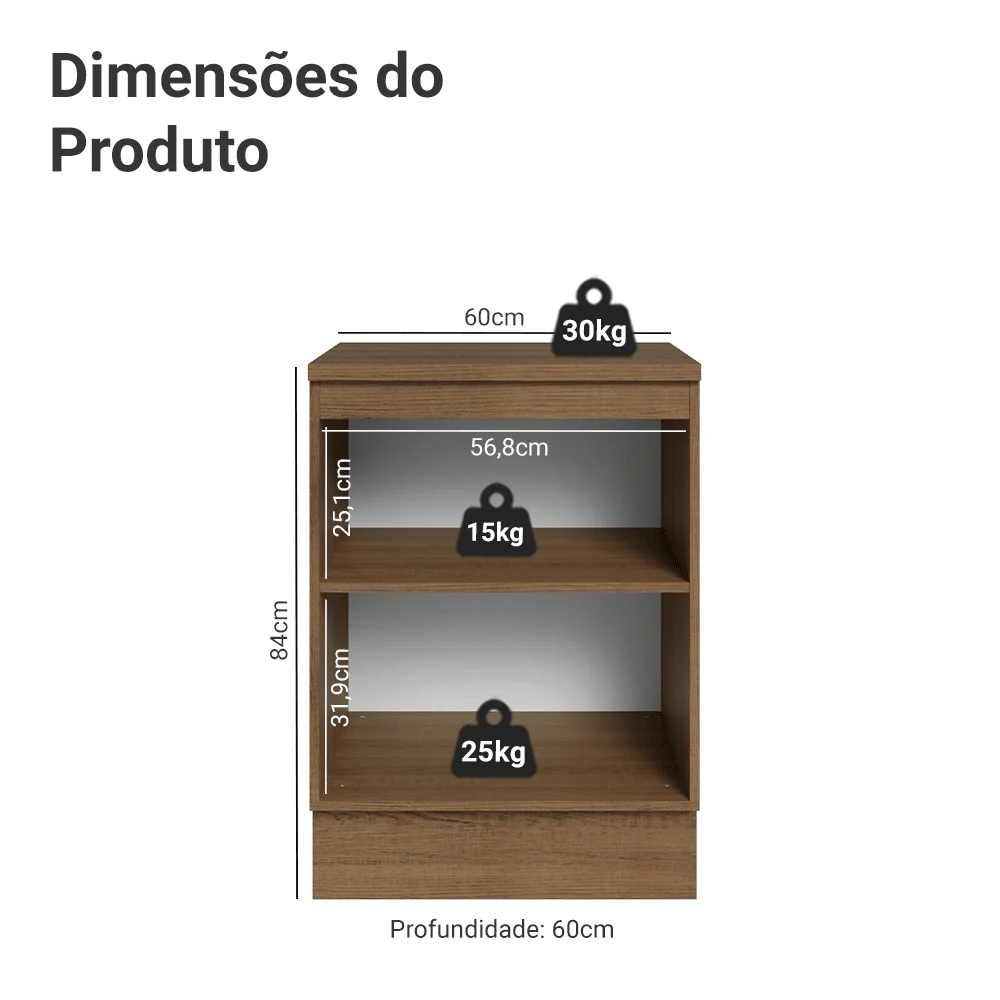 Balcão de Cozinha 60 x 60 cm 1 Porta (Com Tampo) Rustic/Branco Vik Madesa - Image 2