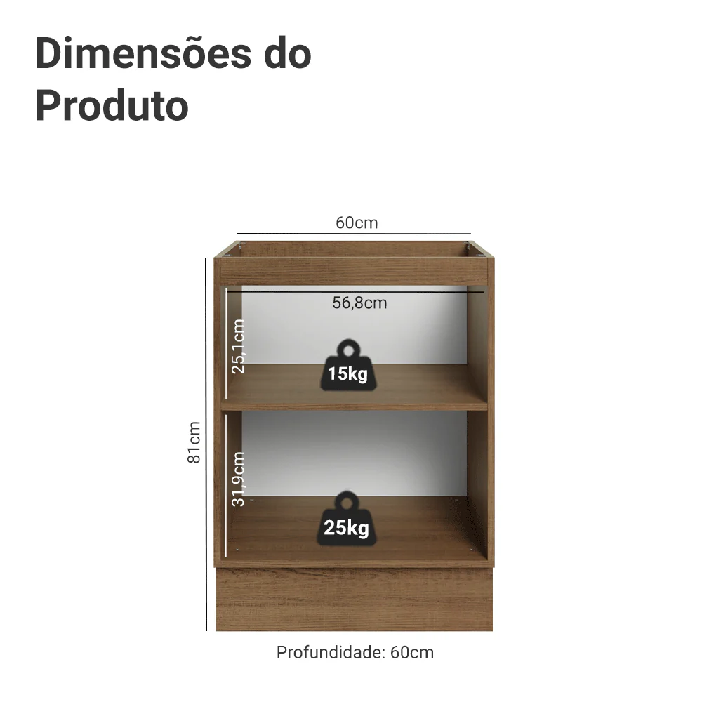 Balcão de Cozinha 60 x 60 cm 1 Porta (Sem Tampo) Rustic/Branco Vik Madesa - Image 2