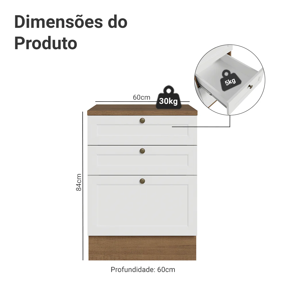 Balcão de Cozinha 60 x 60 cm 3 Gavetas (Com Tampo) Rustic/Branco Vik Madesa - Image 2