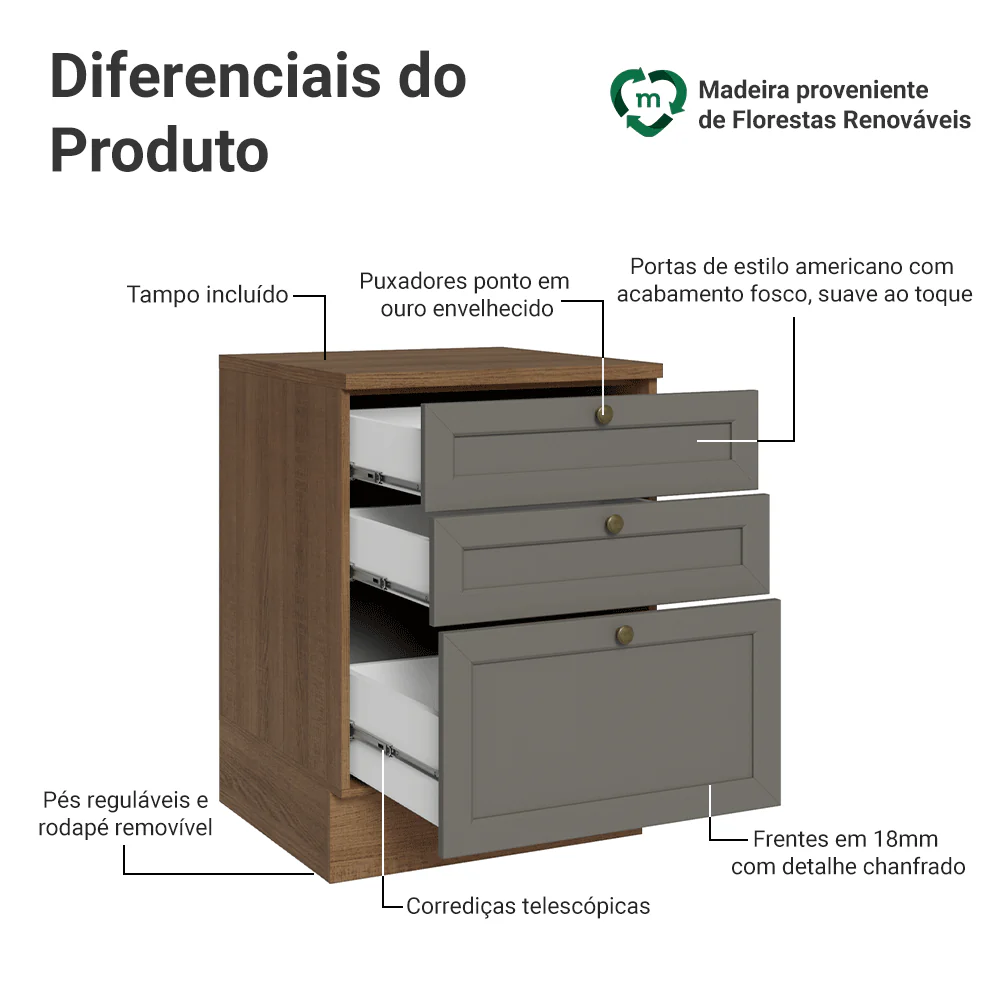 Balcão de Cozinha 60 x 60 cm 3 Gavetas (Com Tampo) Rustic/Cinza Vik Madesa - Image 3