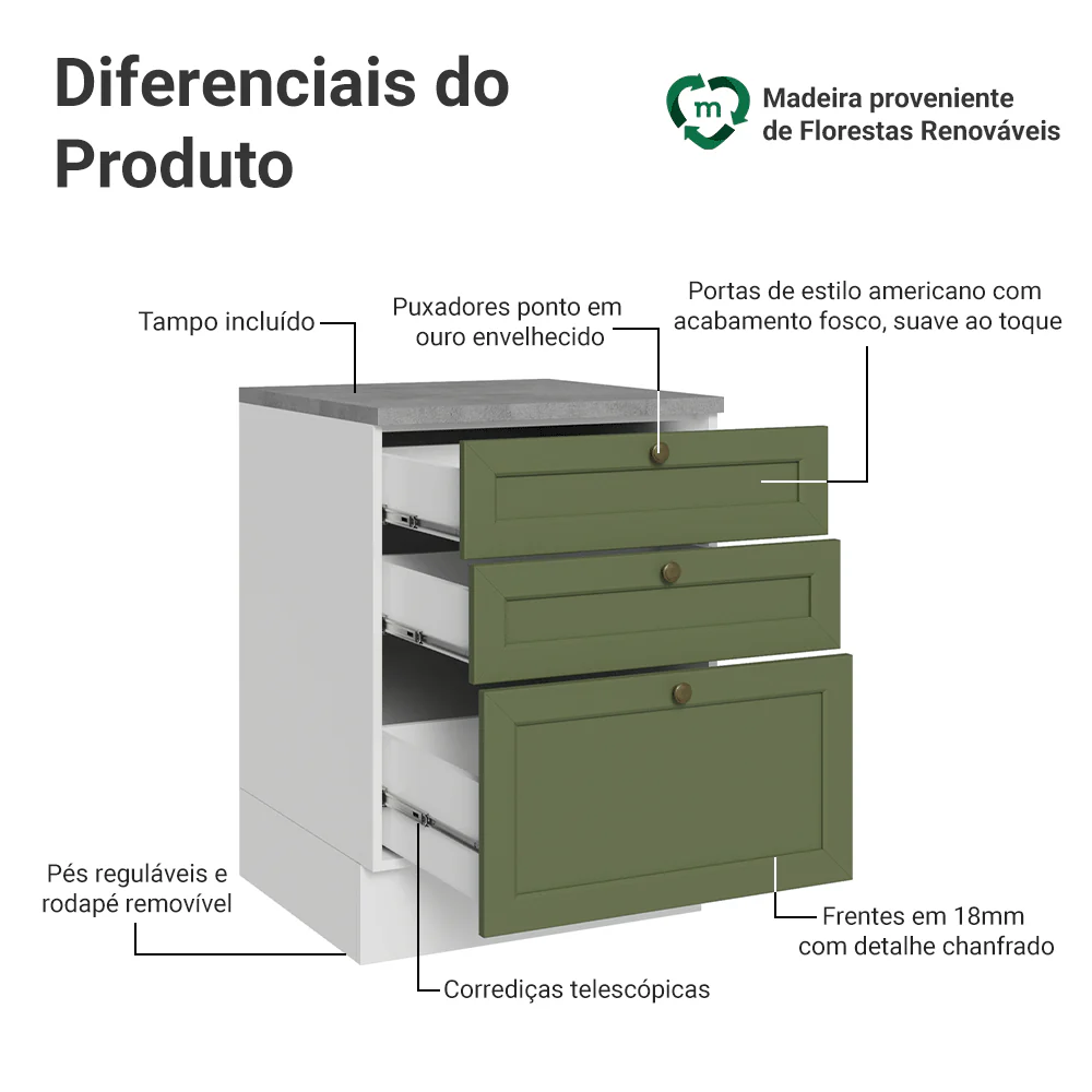Balcão de Cozinha 60 cm 3 Gavetas Branco/Verde Vik Madesa - Image 3