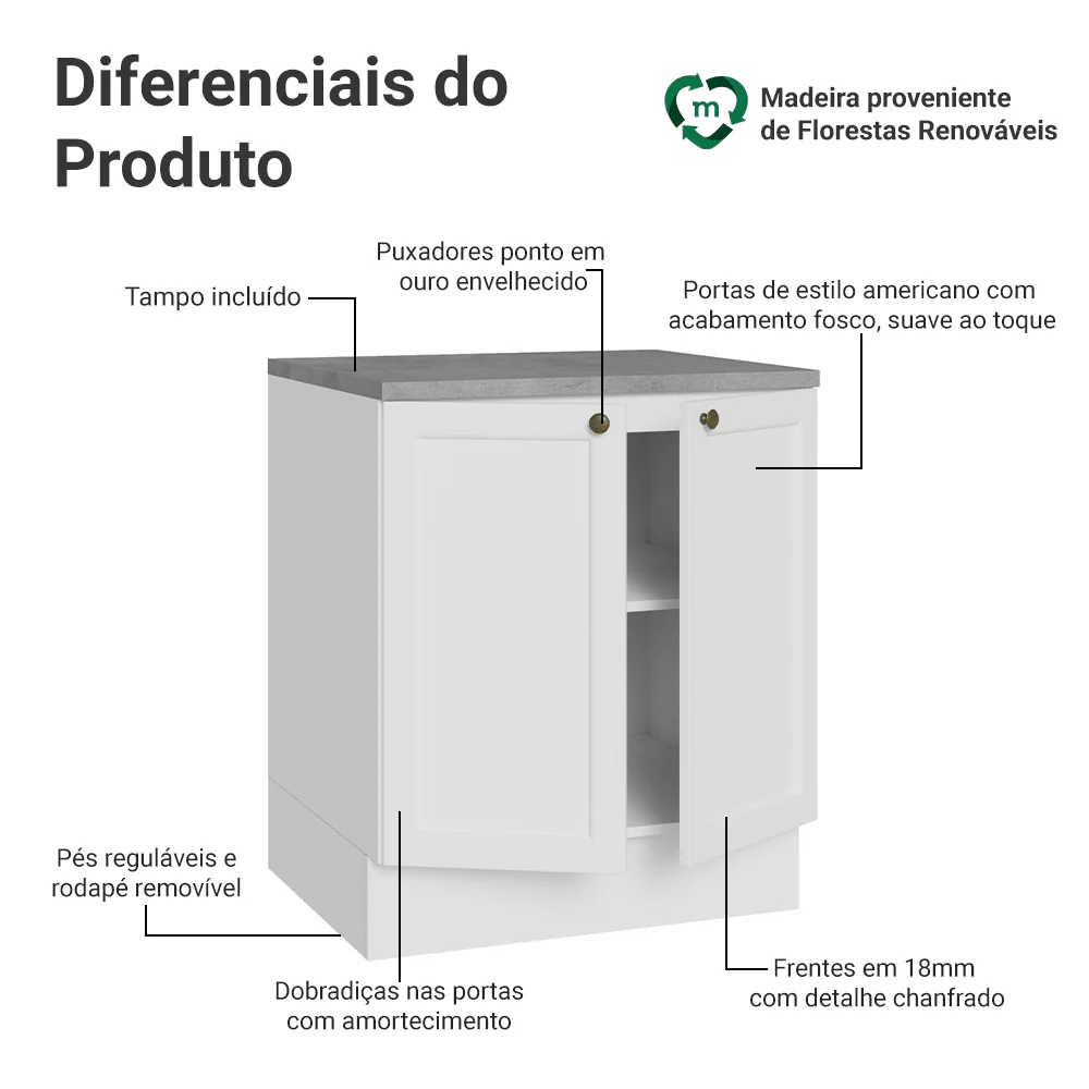 Balcão de Cozinha 70 x 60 cm 2 Portas (Com Tampo) Branco Vik Madesa - Image 3