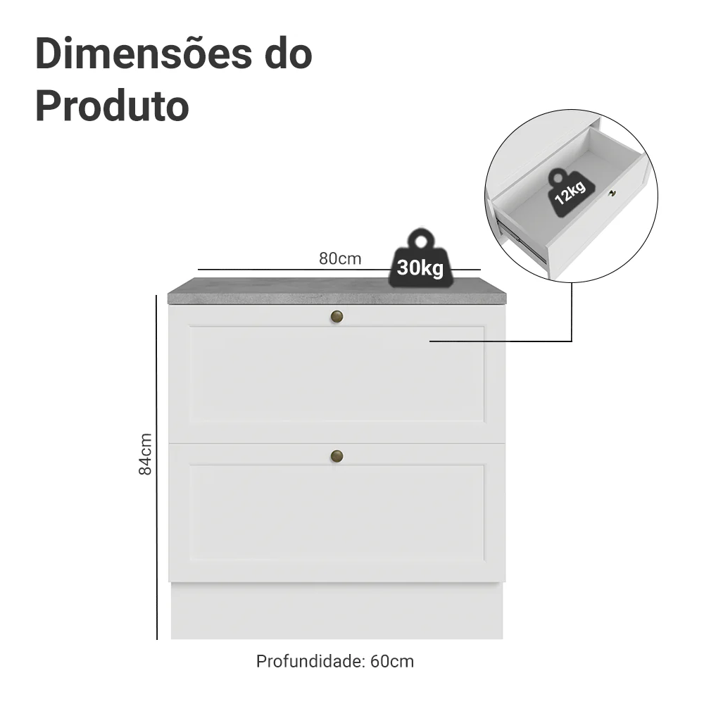 Balcão de Cozinha 80 x 60 cm 2 Gavetas (Com Tampo) Branco Vik Madesa - Image 2