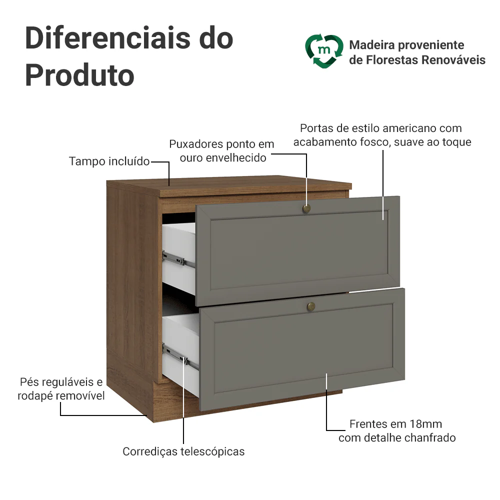 Balcão de Cozinha 80 x 60 cm 2 Gavetas (Com Tampo) Rustic/Cinza Vik Madesa - Image 3