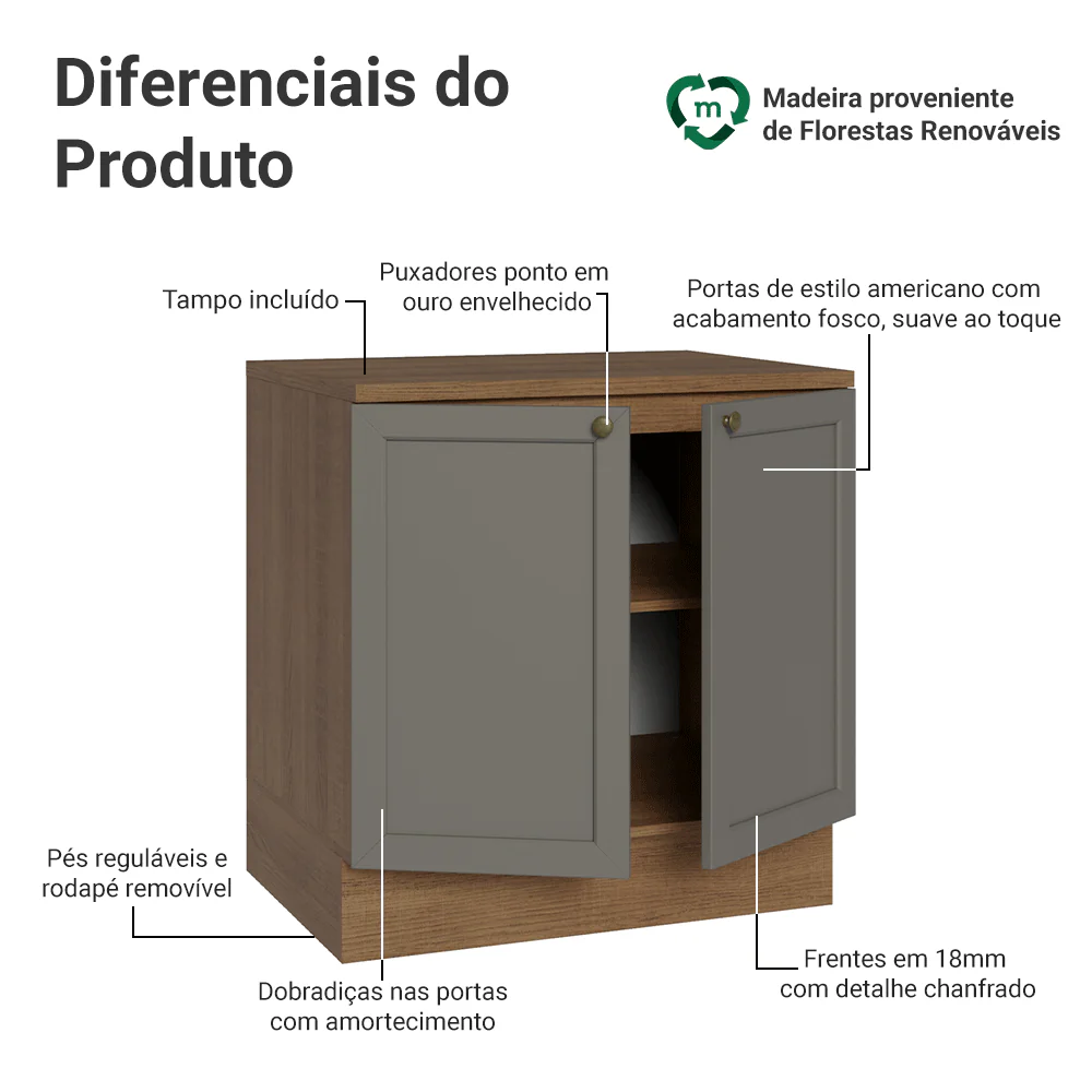Balcão de Cozinha 80 x 60 cm 2 Portas (Com Tampo) Rustic/Cinza Vik Madesa - Image 3
