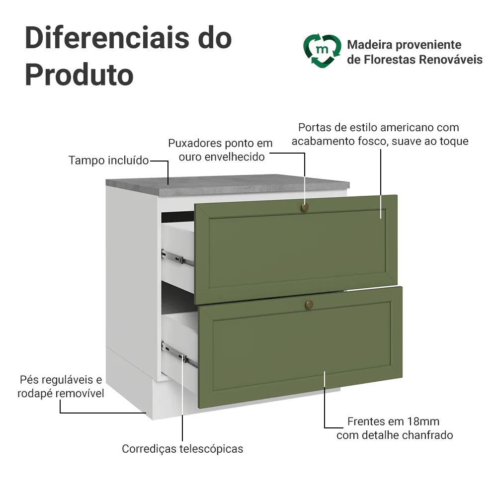 Balcão de Cozinha 80 cm 2 Gavetas Branco/Verde Vik Madesa - Image 3