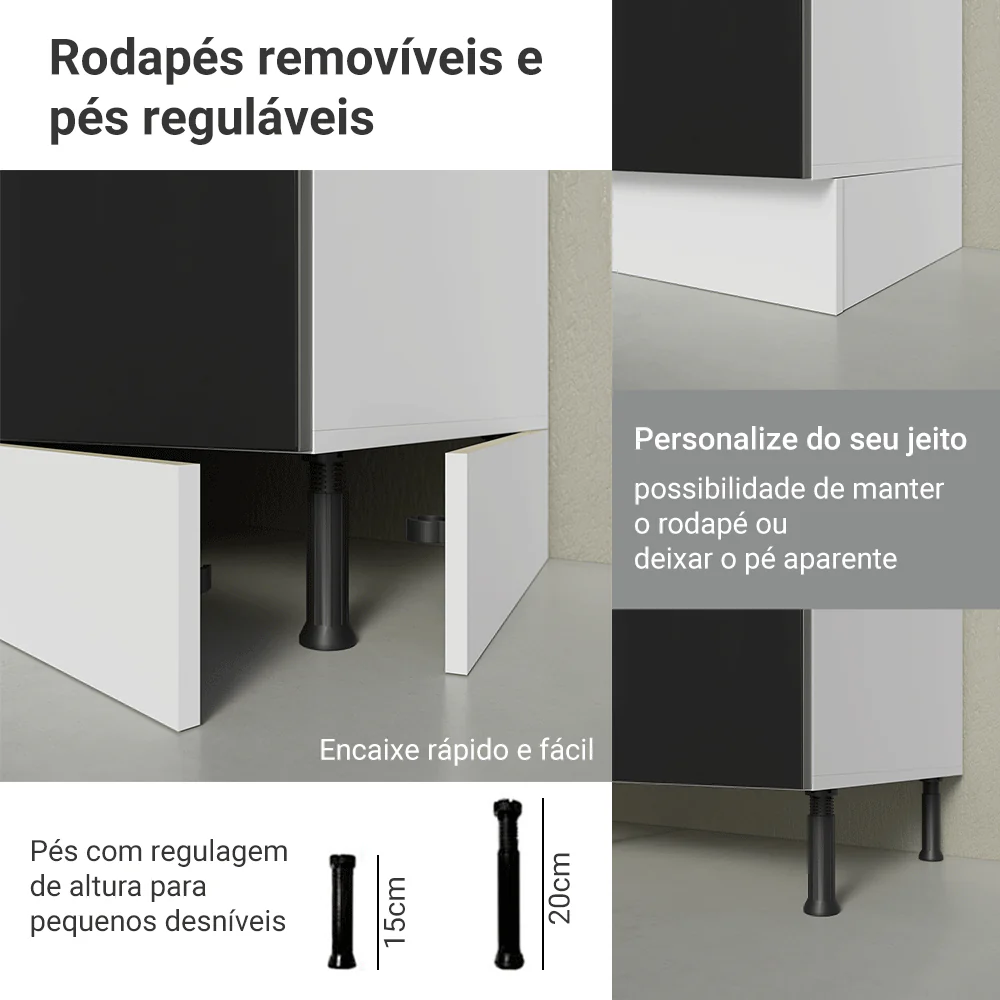 Balcão de Cozinha 120 cm 2 Portas 3 Gavetas Branco/Preto Lux Madesa - Image 10