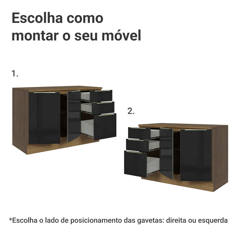 Balcão de Cozinha 120 cm 2 Portas 3 Gavetas Rustic/Preto Lux Madesa - Image 4