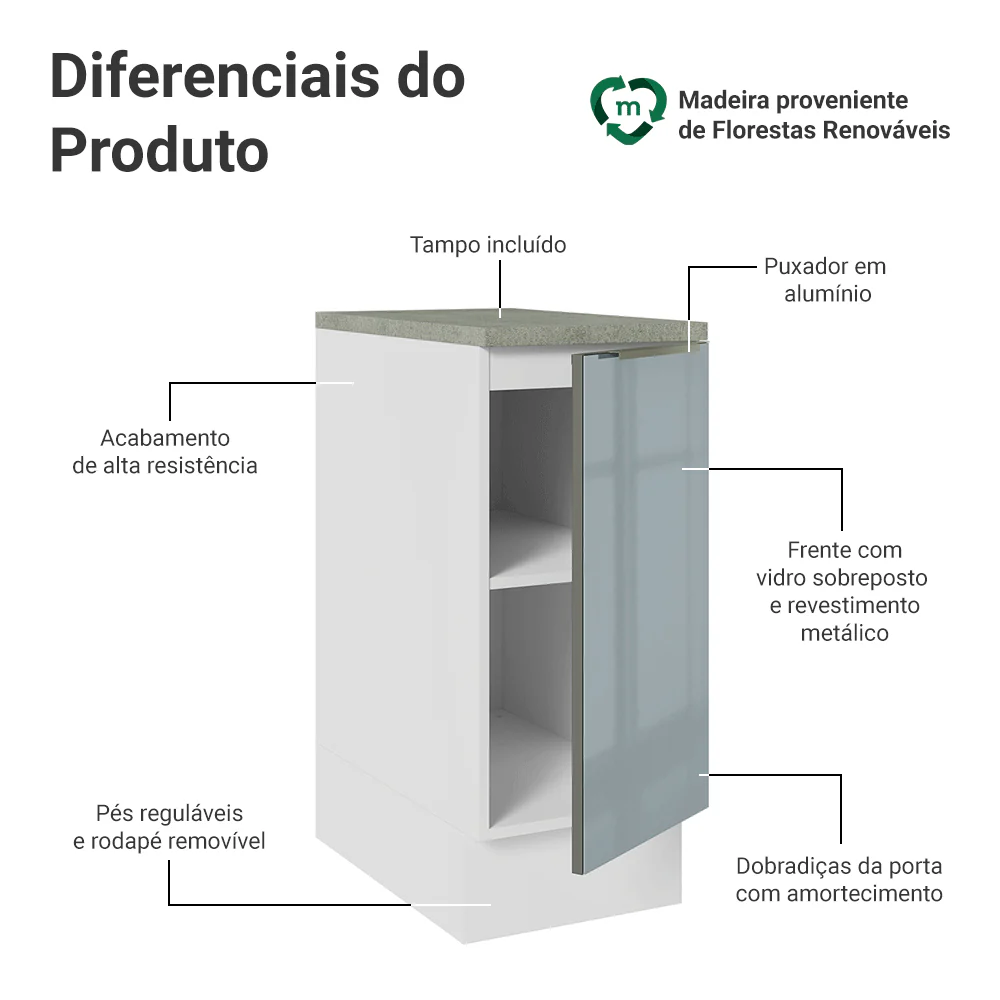 Balcão de Cozinha 35 cm 1 Porta Branco/Cinza Lux Madesa - Image 3