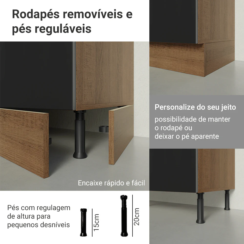 Balcão de Cozinha 40 cm 1 Porta (Sem Tampo) Rustic/Preto Lux Madesa - Image 8