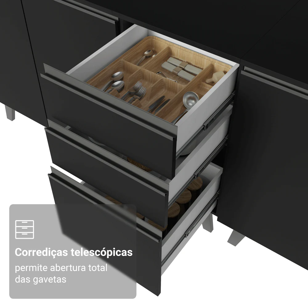 Balcão de Cozinha 40 cm 3 Gavetas Com Pés Preto Nice Madesa - Image 7
