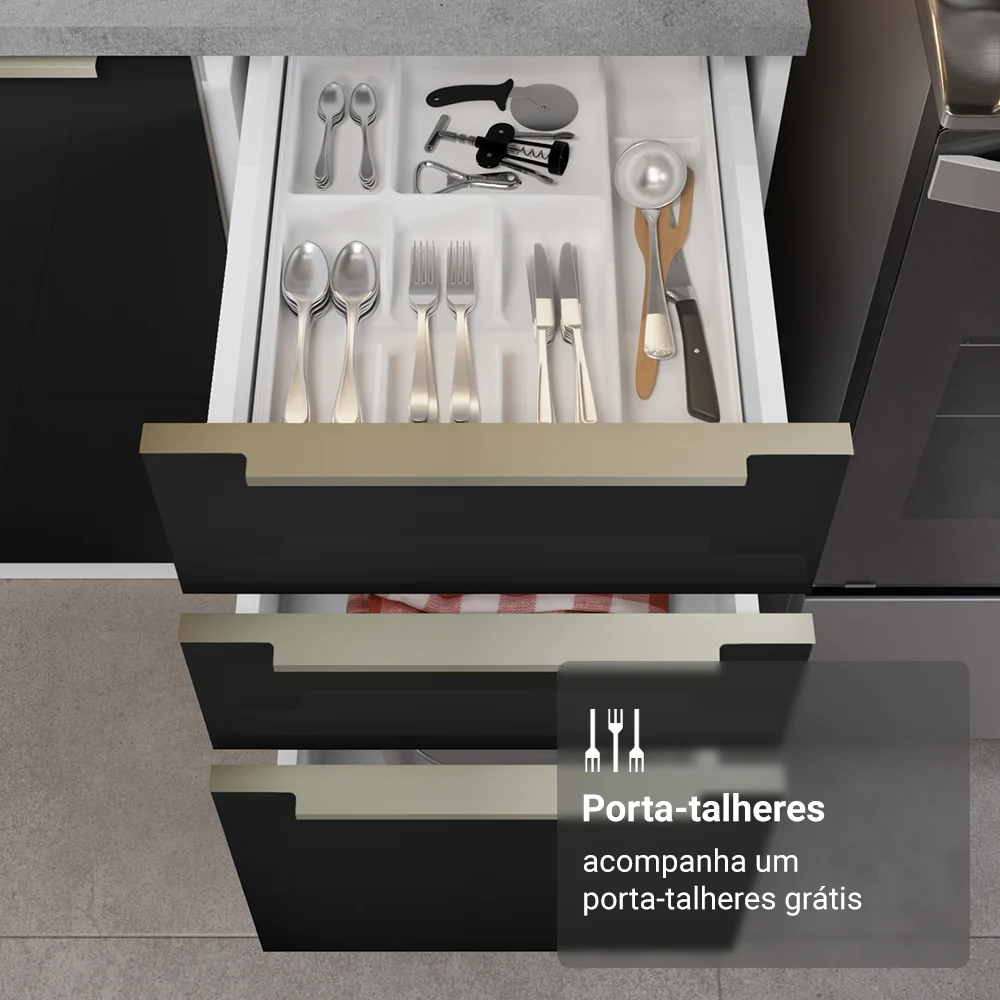 Balcão de Cozinha 40 cm 3 Gavetas (Sem Tampo) Branco/Preto Lux Madesa - Image 6