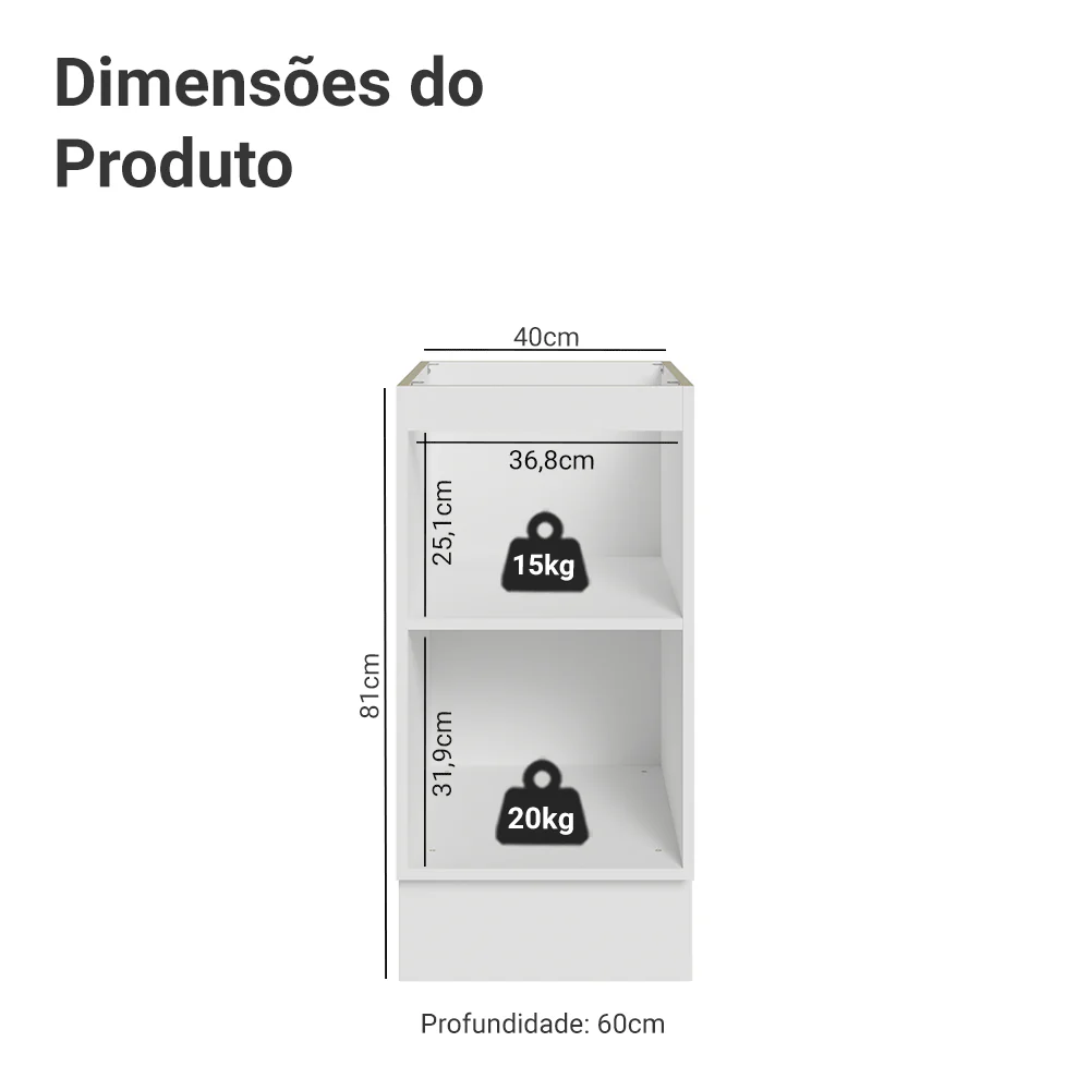 Balcão de Cozinha 40 x 60 cm 1 Porta (Sem Tampo) Branco/Crema Vik Madesa - Image 2