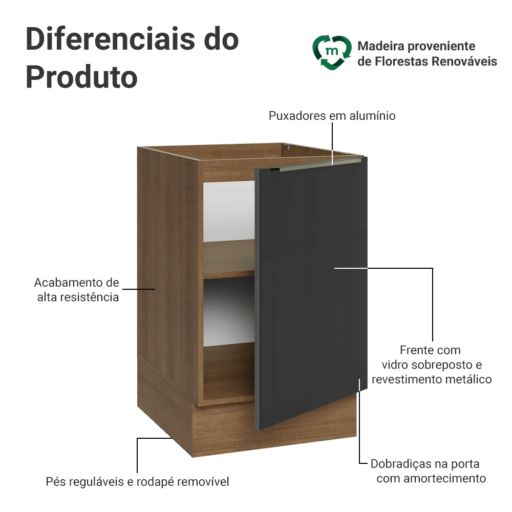 Balcão de Cozinha 50 cm 1 Porta (Sem Tampo) Rustic/Preto Lux Madesa - Image 3
