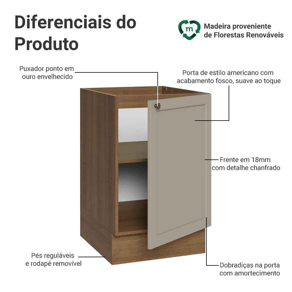 Balcão de Cozinha 50 x 60cm 1 Porta (Sem Tampo) Rustic/Crema Vik Madesa - Image 3
