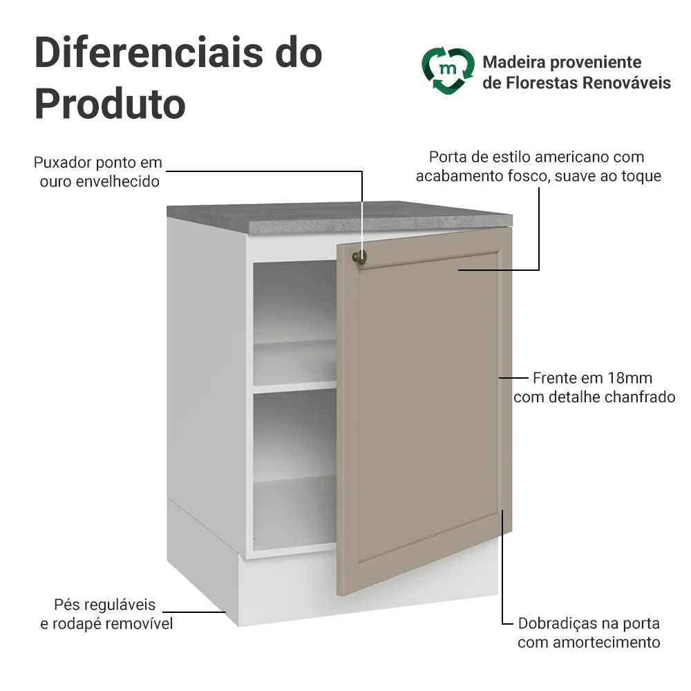 Balcão de Cozinha 60 cm 1 Porta Branco/Crema Vik Madesa - Image 3