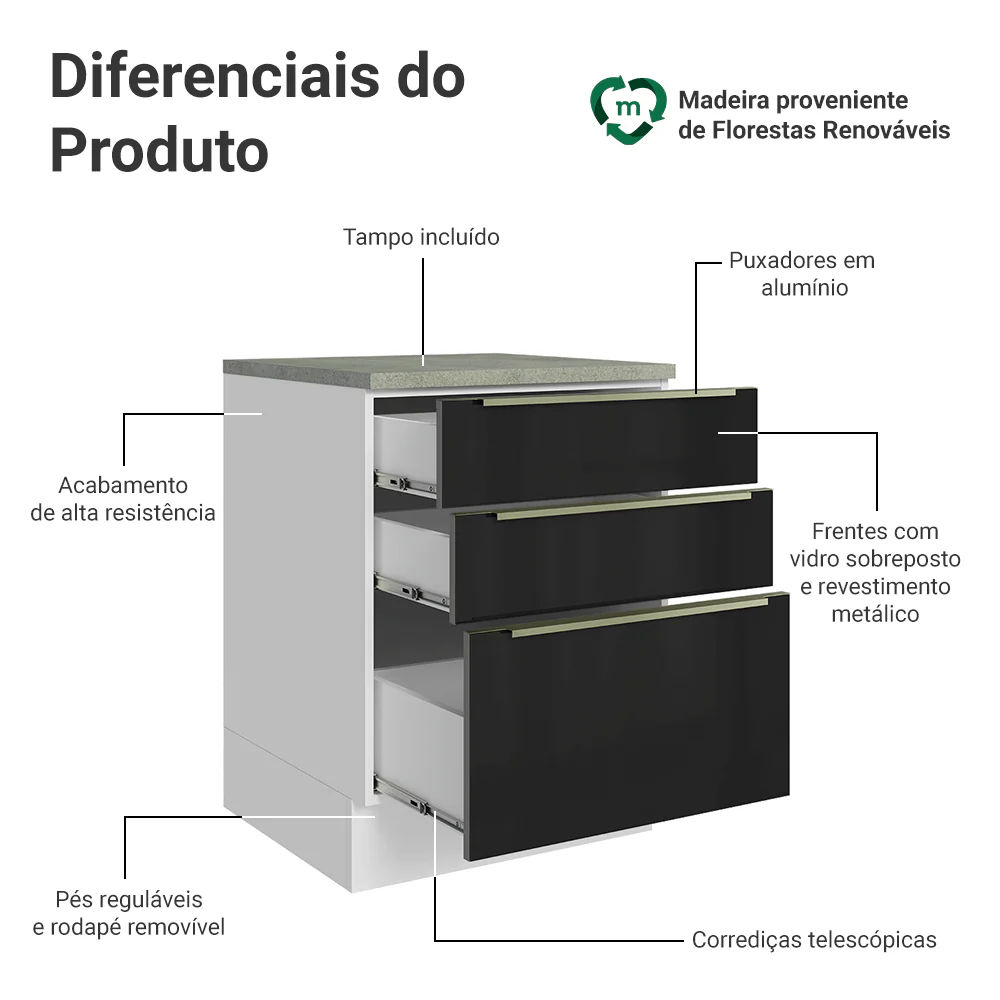 Balcão de Cozinha 60 cm 3 Gavetas Branco/Preto Lux Madesa - Image 3