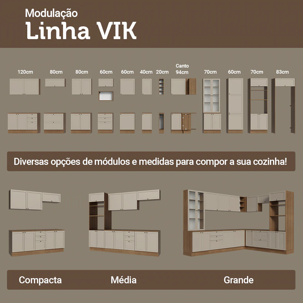 Balcão de Cozinha 60 x 60 cm 3 Gavetas (Com Tampo) Rustic/Crema Vik Madesa - Image 9
