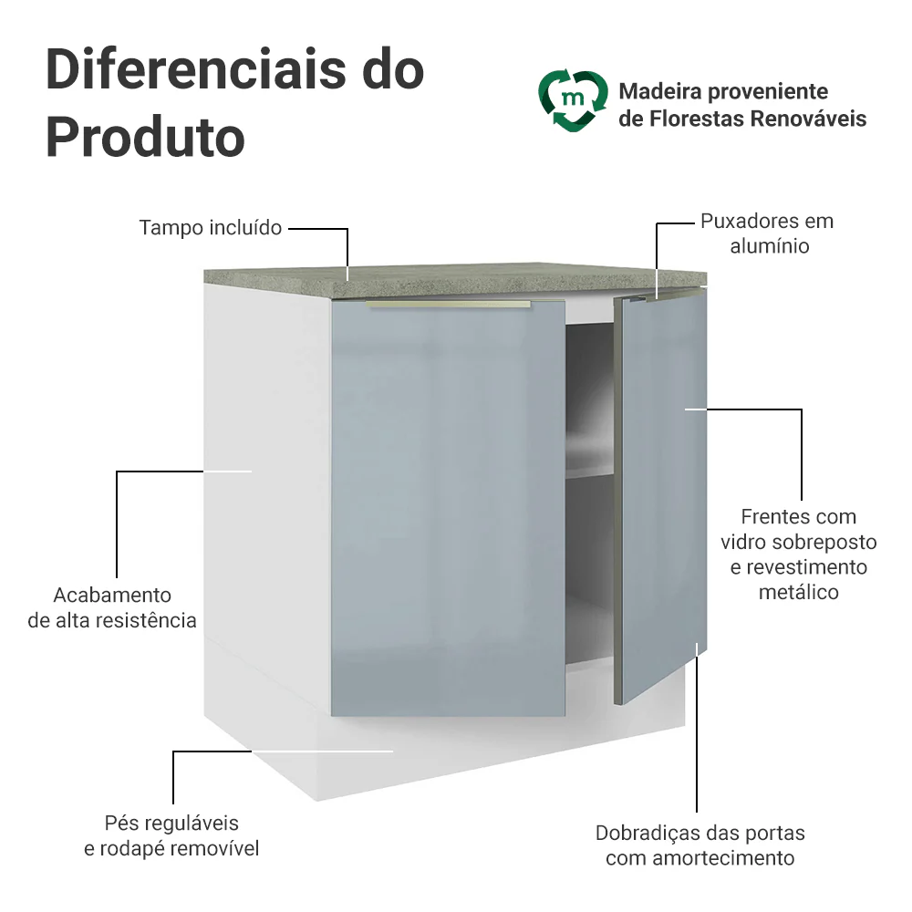 Balcão de Cozinha 70 cm 2 Portas Branco/Cinza Lux Madesa - Image 3