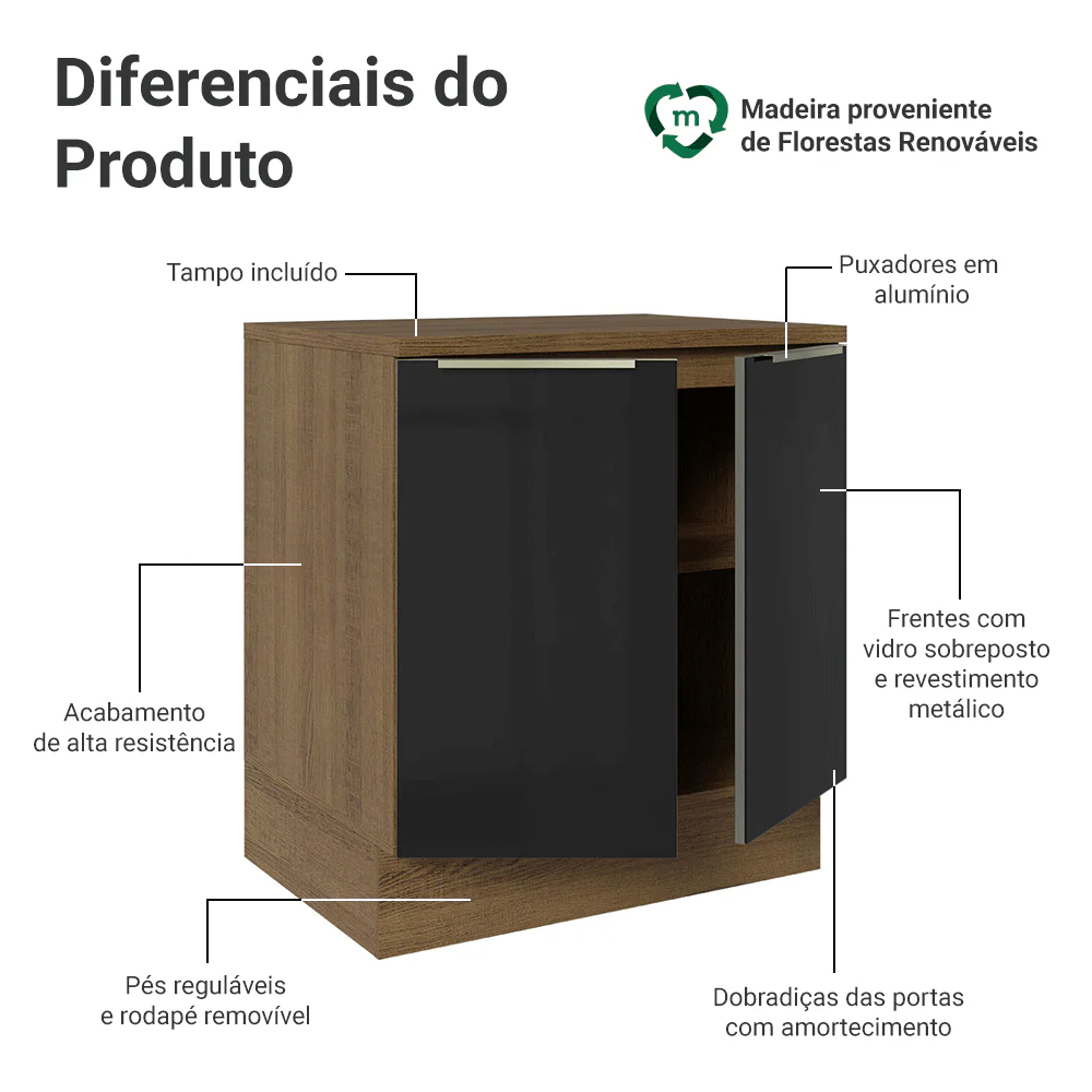 Balcão de Cozinha 70 cm 2 Portas Rustic/Preto Lux Madesa - Image 3