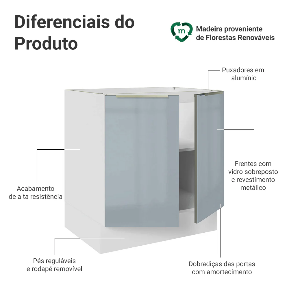 Balcão de Cozinha 70 cm 2 Portas (Sem Tampo) Branco/Cinza Lux Madesa - Image 3