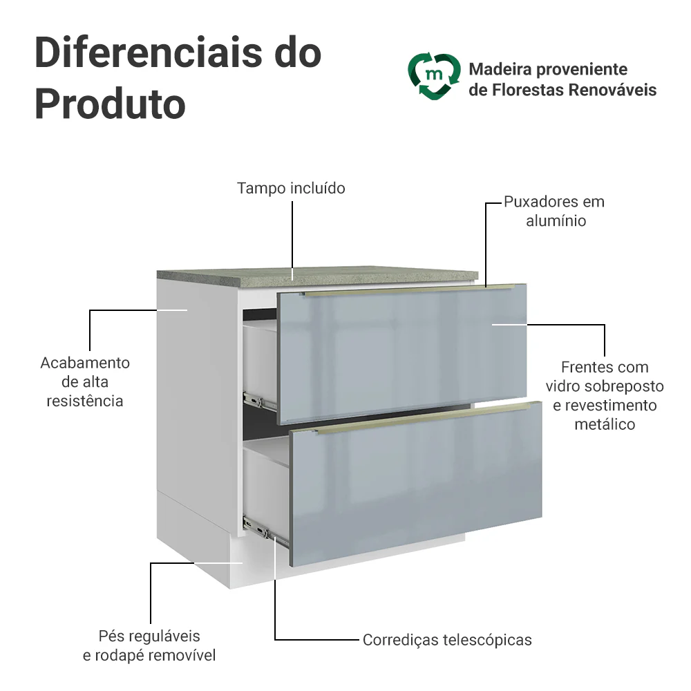 Balcão de Cozinha 80 cm 2 Gavetas Branco/Cinza Lux Madesa - Image 3