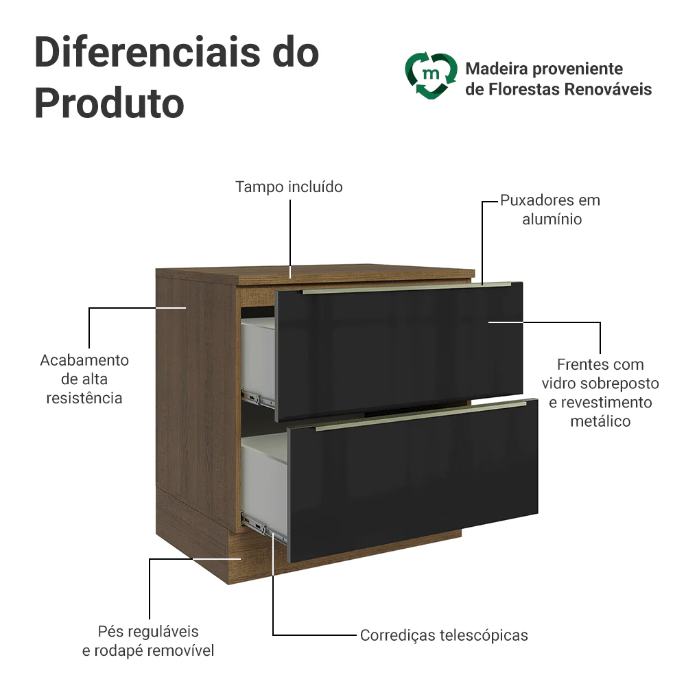 Balcão de Cozinha 80 cm 2 Gavetas Rustic/Preto Lux Madesa - Image 3