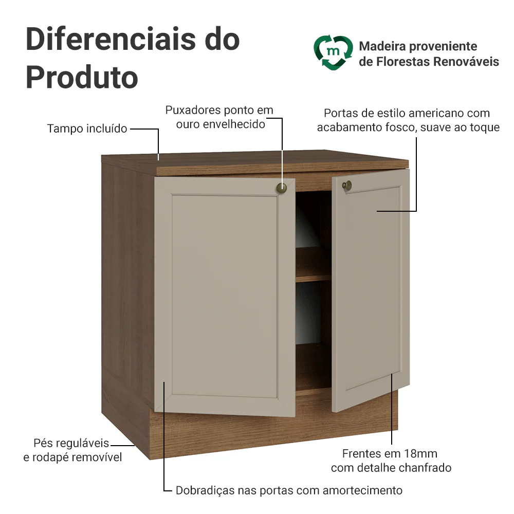 Balcão de Cozinha 80 cm 2 Portas Rustic/Crema Vik Madesa - Image 3