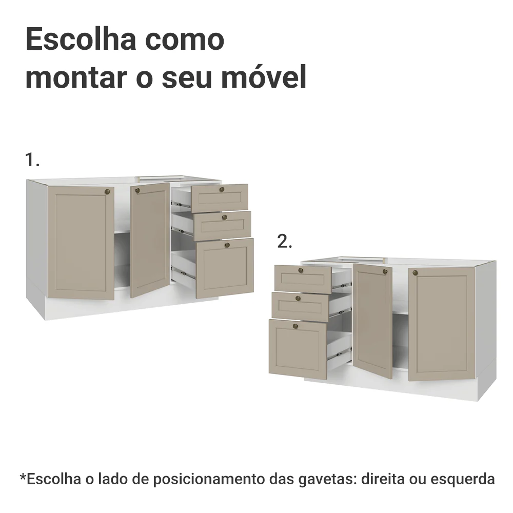 Balcão de Pia 120 x 60 cm 2 Portas 3 Gavetas (Sem Tampo) Branco/Crema Vik Madesa - Image 4