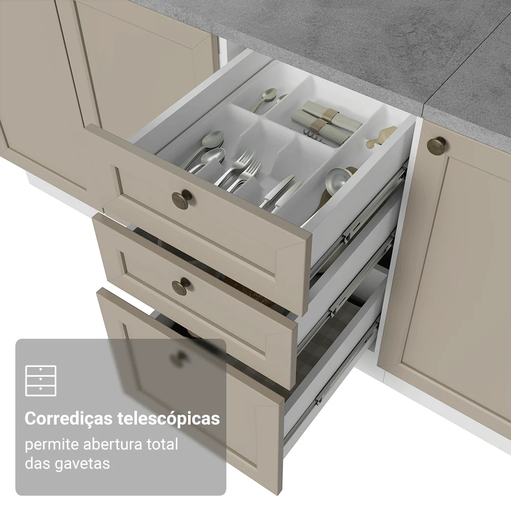 Balcão de Pia 120 x 60 cm 2 Portas 3 Gavetas (Sem Tampo) Branco/Crema Vik Madesa - Image 8