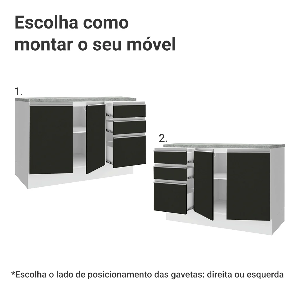 Balcão Madesa Glamy 120 cm 2 Portas e 3 Gavetas (Com Tampo) Branco/Preto - Image 4