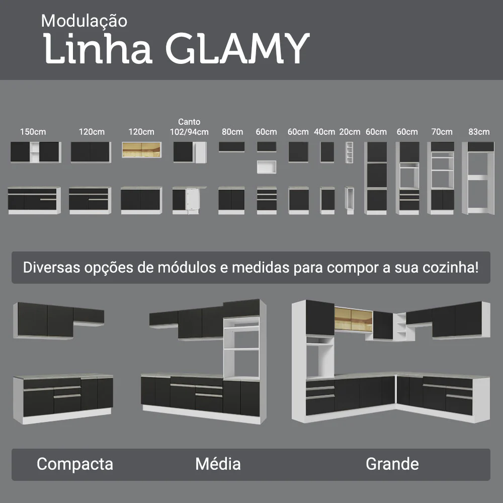 Balcão Madesa Glamy 120 cm 2 Portas e 3 Gavetas (Com Tampo) Branco/Preto - Image 9