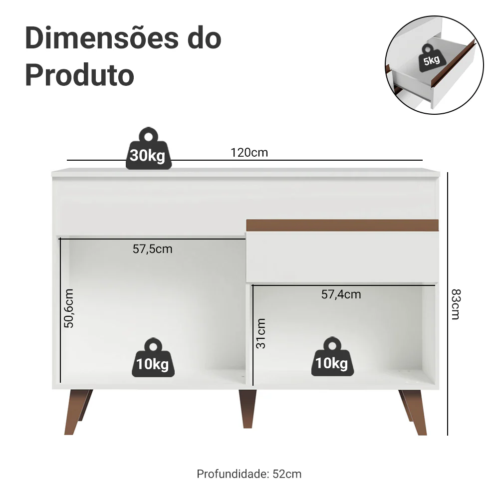 Balcão Gabinete de Pia Madesa Reims 2 Portas e 1 Gaveta Branco - Image 2