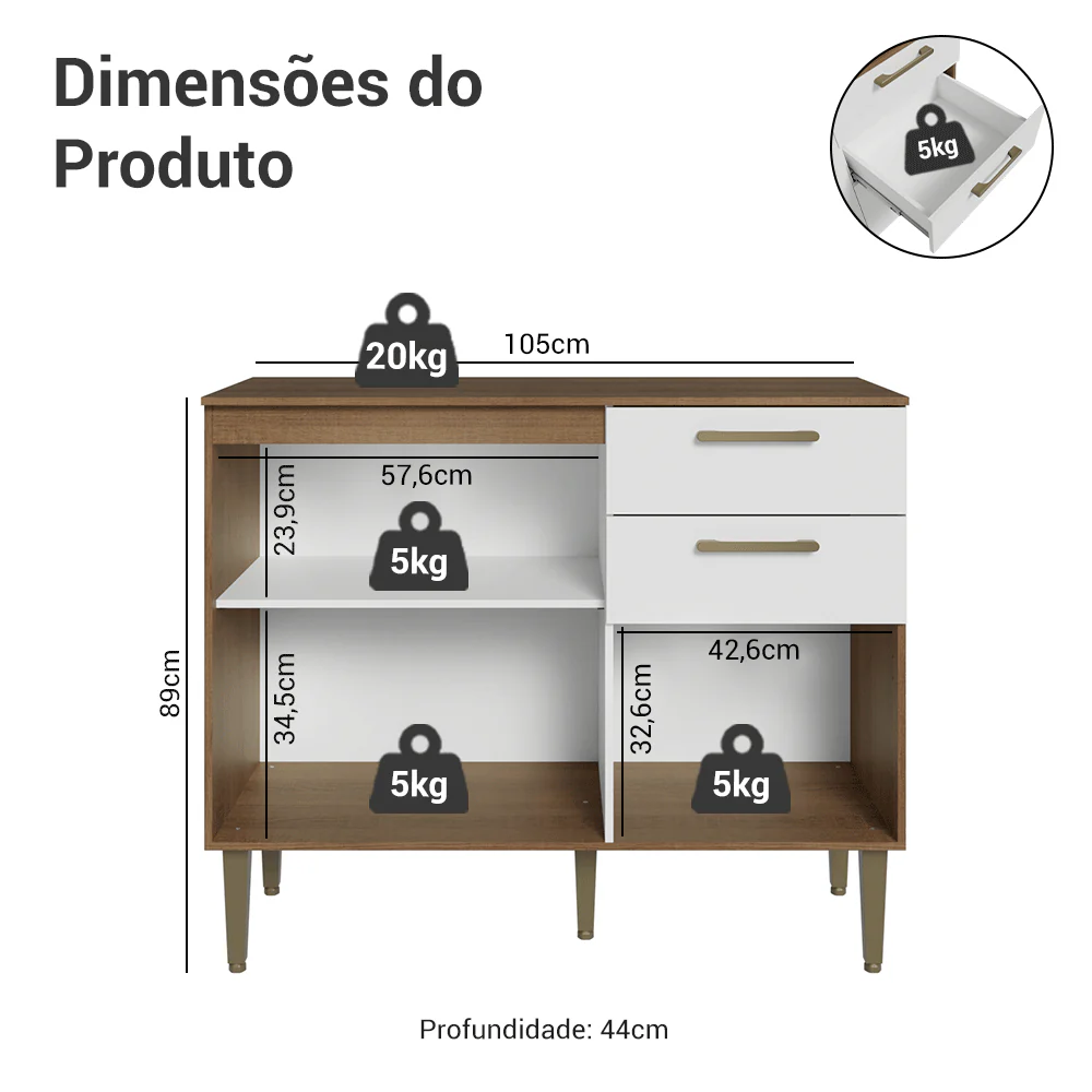 Balcão Gabinete de Pia 105 cm 3 Portas 2 Gavetas Rustic/Branco Lille Madesa - Image 3